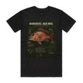 Front of the black Voltare Mangrove Jack Structure Assassin T-shirt with a bronze-red illustrated mangrove jack and a Mangrove Jack Intel panel covering its profile, anatomy, diet and habitat.