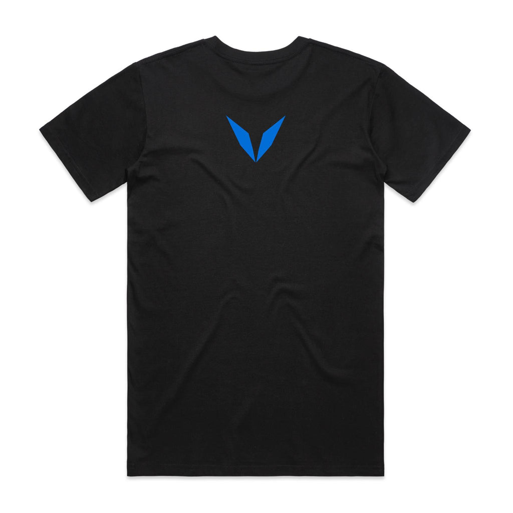 Back of the black Voltare Manta Ray Colour Heroes Worldwide T-shirt with a small blue Voltare V logo at the upper back.