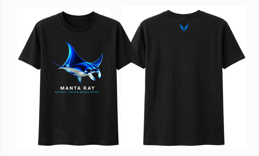 Front and back preview of the black Voltare Manta Ray Colour Heroes Worldwide T-shirt, with manta ray artwork on the front and a blue Voltare V on the back.