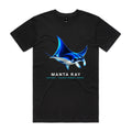 Front of the black Voltare Manta Ray Colour Heroes Worldwide T-shirt with blue and turquoise manta ray artwork, sweeping fins and a pale spotted underside.
