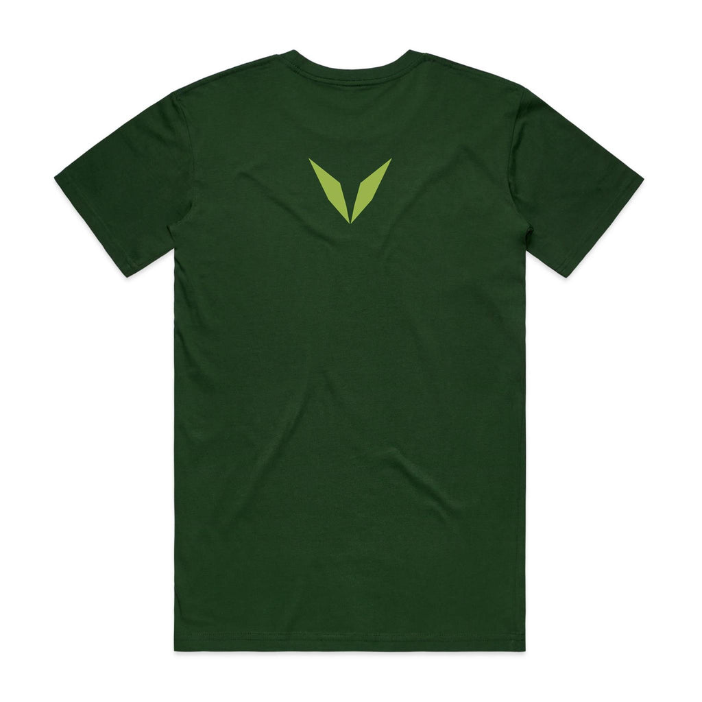 Back of the Forest Green Voltare Māori Warrior tee with a lime-green Voltare V high on the back