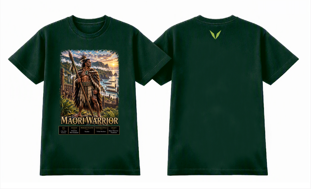 Front and back preview of the Voltare Māori Warrior tee with taiaha artwork, coastal scenery and a lime-green back V on a deep-green garment