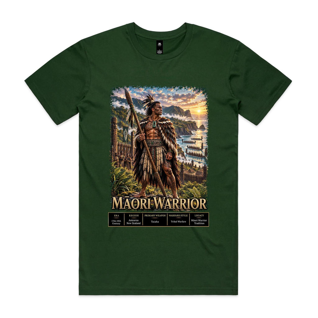 Forest Green Voltare Māori Warrior tee featuring a warrior holding a carved taiaha, coastal cliffs, waka and historical fact panels