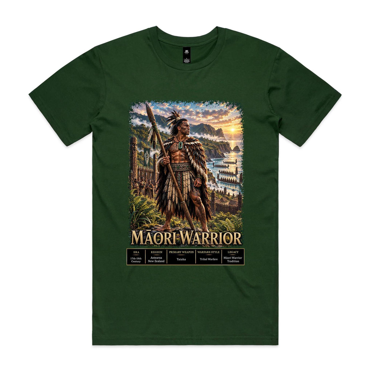 Forest Green Voltare Māori Warrior tee featuring a warrior holding a carved taiaha, coastal cliffs, waka and historical fact panels