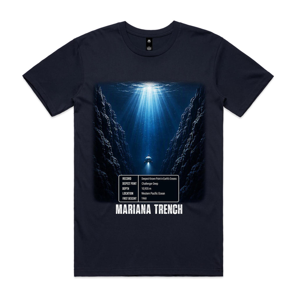 Voltare Mariana Trench navy tee front with deep-ocean artwork, exploration submersible and five-fact panel