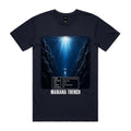 Voltare Mariana Trench navy tee front with deep-ocean artwork, exploration submersible and five-fact panel