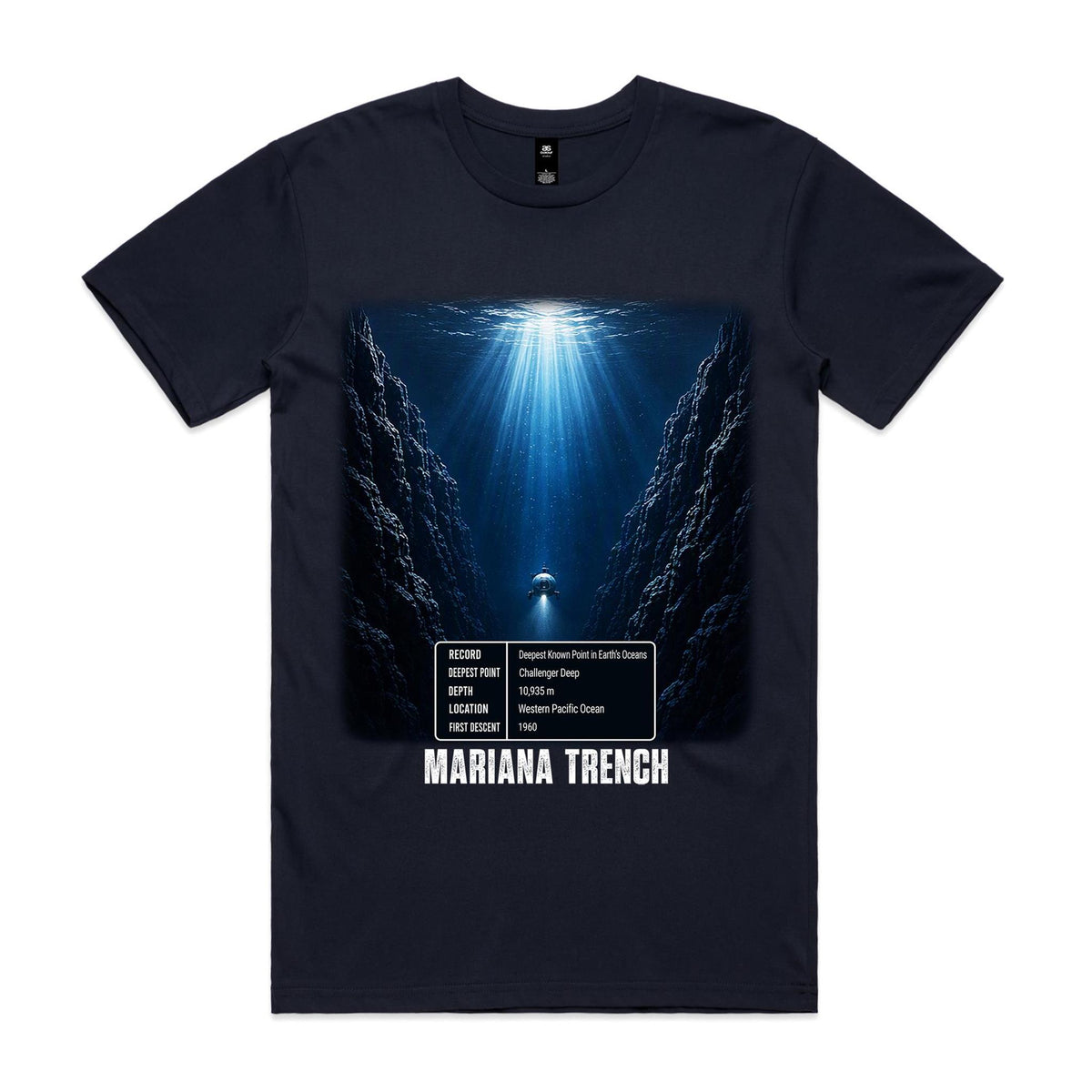 Voltare Mariana Trench navy tee front with deep-ocean artwork, exploration submersible and five-fact panel