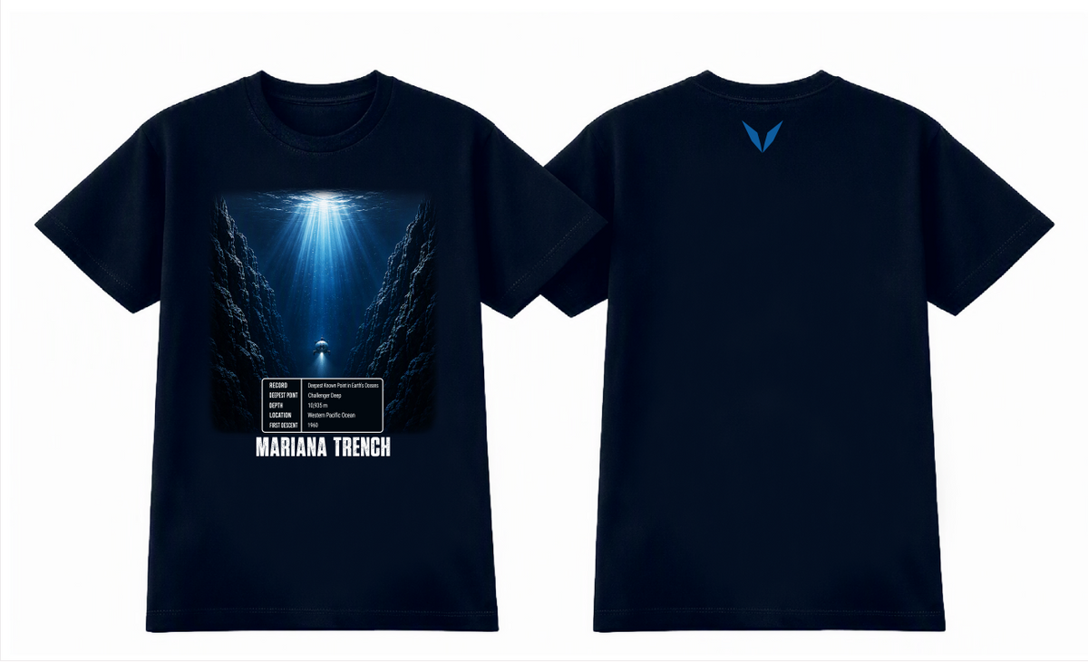Voltare Mariana Trench navy tee front and back preview showing deep-ocean artwork and blue Voltare V