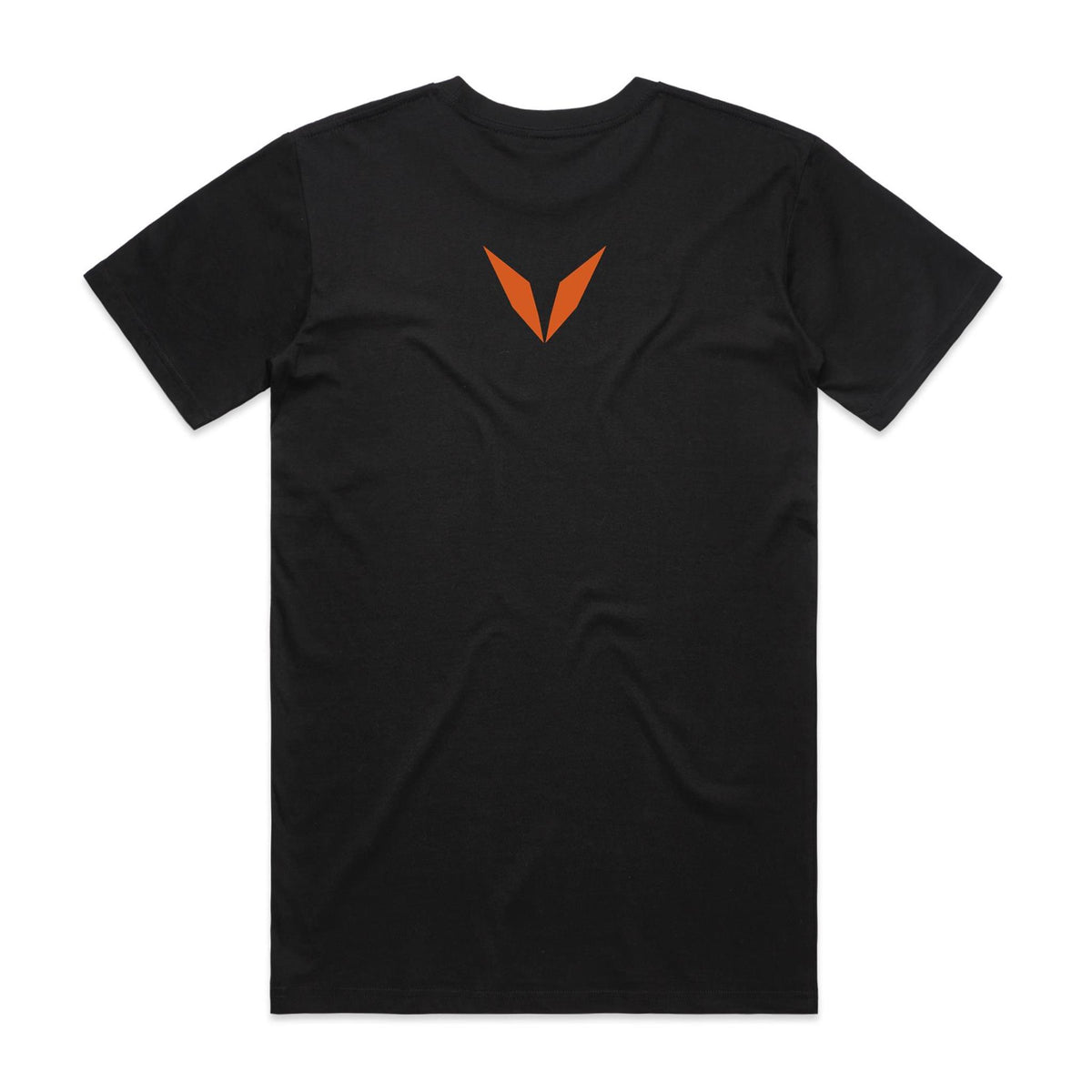 Back of Voltare Mars Cosmic Wonders black tee with burnt-orange Voltare V logo