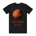 Front of Voltare Mars black tee with rust-orange planet artwork, cratered terrain, pale polar cap, planet-facts panel and rust-red lettering