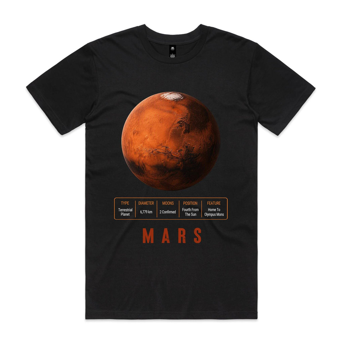 Front of Voltare Mars black tee with rust-orange planet artwork, cratered terrain, pale polar cap, planet-facts panel and rust-red lettering