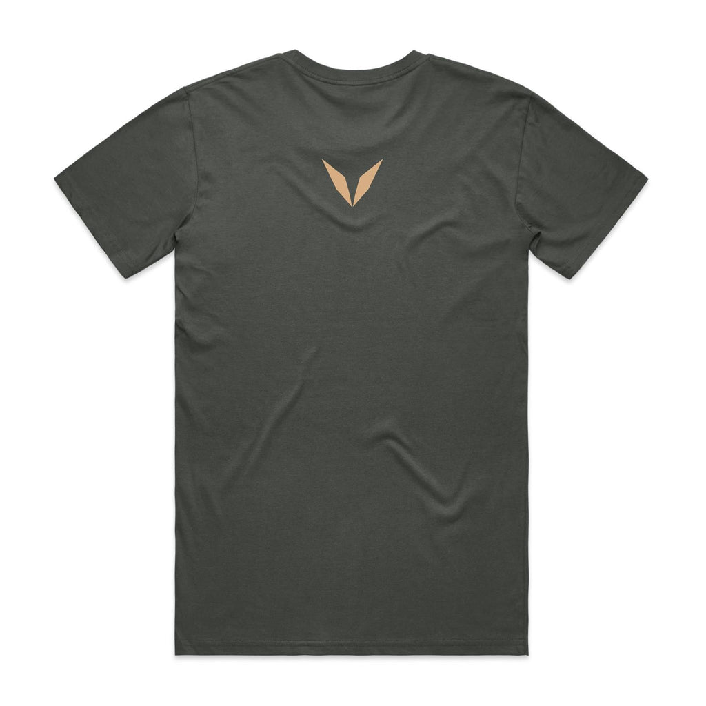 Back of the charcoal Voltare Masked Owl Sky Hunters T-shirt with a small tan Voltare V logo at the upper back.