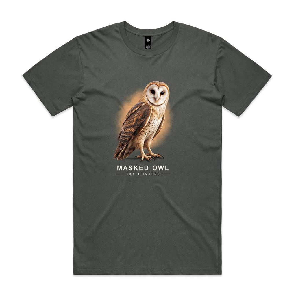 Front of the charcoal Voltare Masked Owl Sky Hunters T-shirt with an illustrated owl featuring a pale heart-shaped face and patterned brown wings against a warm amber backdrop.
