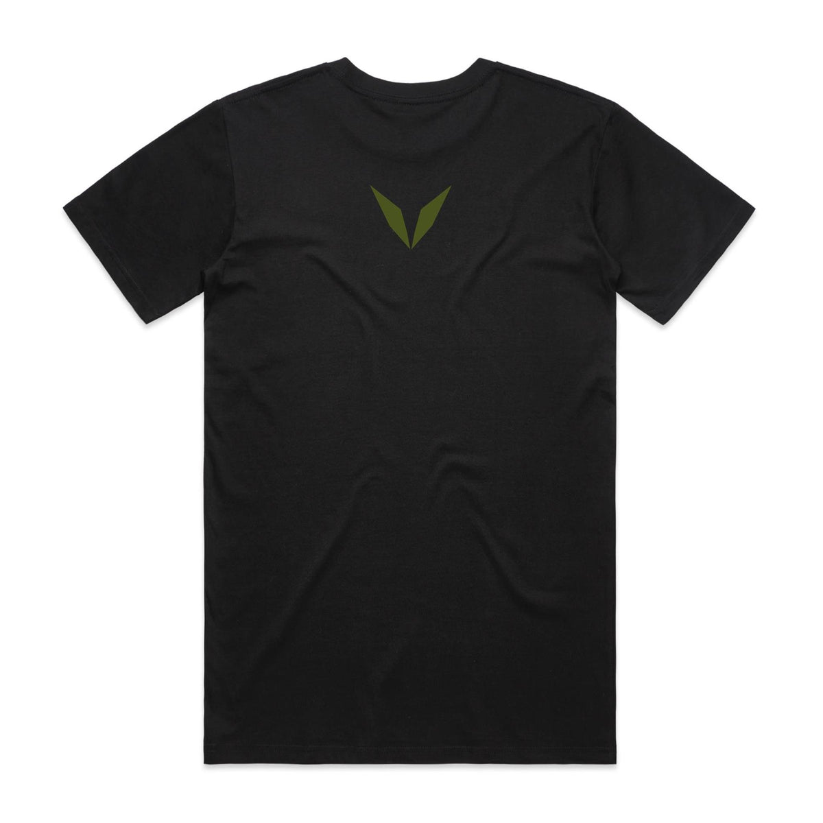 Voltare Mawsynram black tee with an olive-green Voltare V on the upper back
