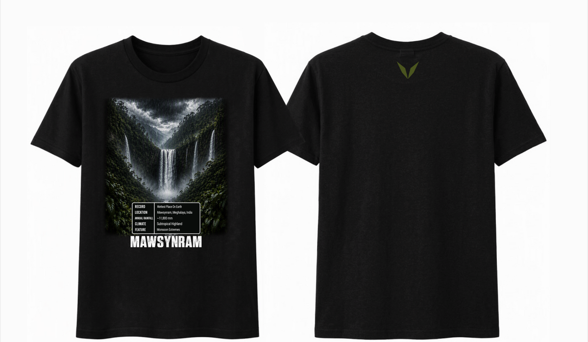Front and back views of the Voltare Mawsynram black tee with misty waterfall artwork and an olive-green Voltare V