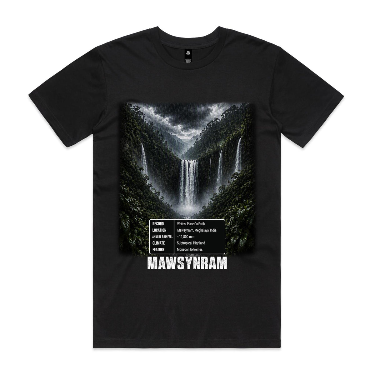 Voltare Mawsynram black tee with misty waterfall artwork, storm clouds, a five-fact panel and MAWSYNRAM lettering on the front