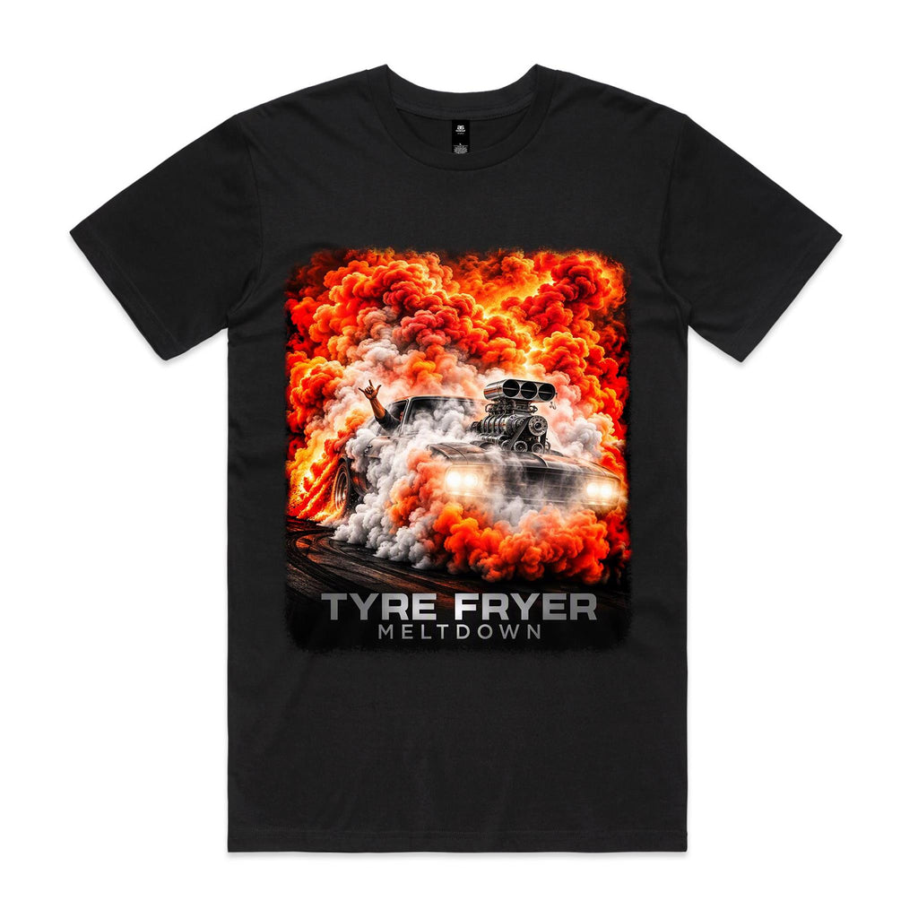 Front of Voltare Meltdown Tyre Fryer black tee with supercharged muscle car, white tyre smoke and fiery orange-red clouds