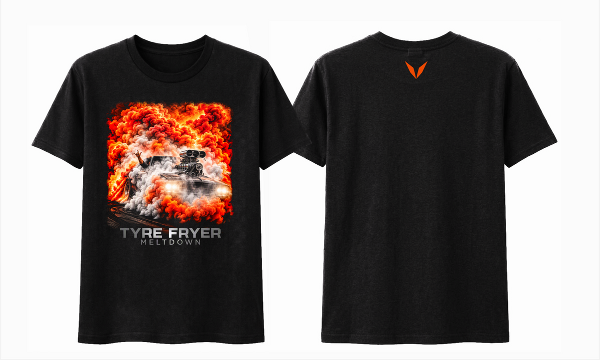 Front and back preview of Voltare Meltdown Tyre Fryer black tee with fiery muscle car artwork and bright-orange Voltare V logo