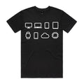 Front of the Black Voltare Minimal Device Tech tee with eight white outline icons showing computers, mobile devices, a smartwatch, cloud and microchip