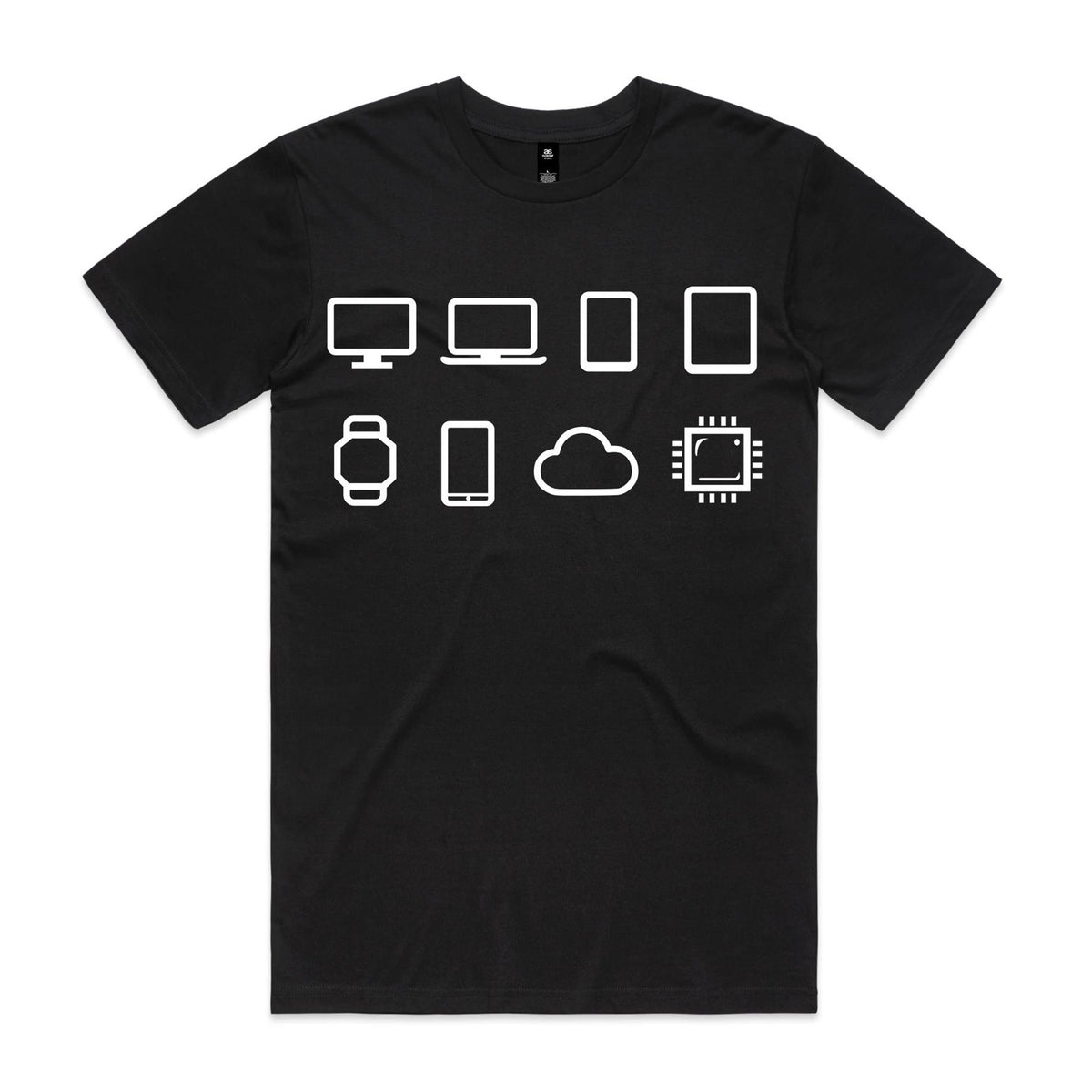 Front of the Black Voltare Minimal Device Tech tee with eight white outline icons showing computers, mobile devices, a smartwatch, cloud and microchip