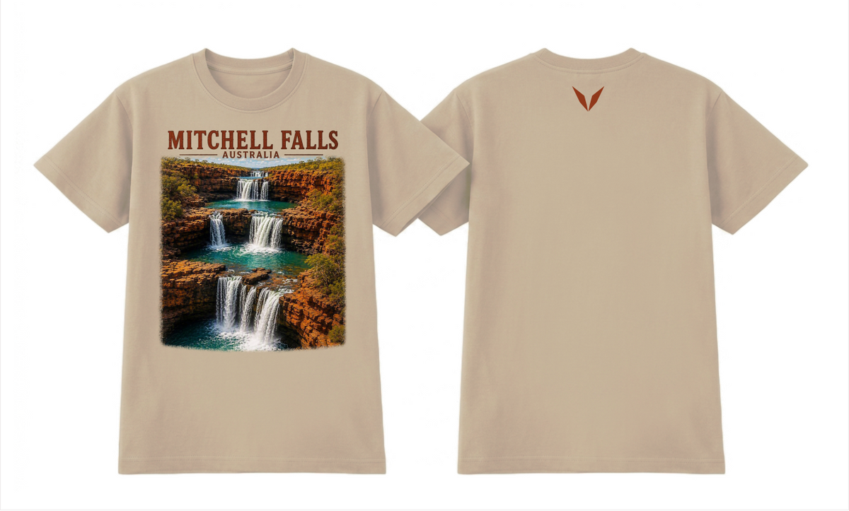 Front and back preview of the Ecru Voltare Mitchell Falls Cascading Waters tee with waterfall artwork and a rust-red back V
