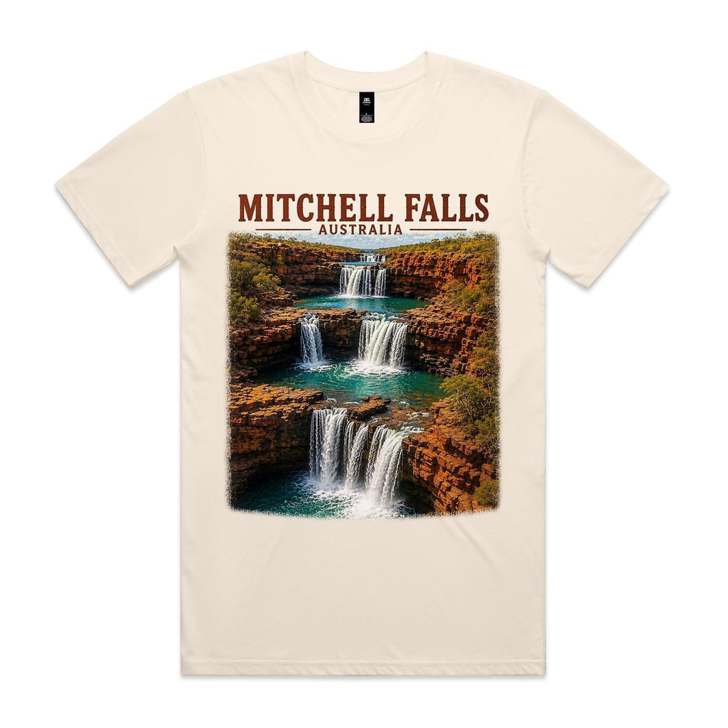 Ecru Voltare Mitchell Falls tee featuring cascading waterfalls over reddish rock into turquoise pools beneath Mitchell Falls Australia lettering