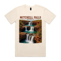 Ecru Voltare Mitchell Falls tee featuring cascading waterfalls over reddish rock into turquoise pools beneath Mitchell Falls Australia lettering