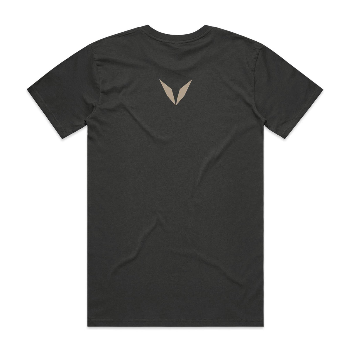 Back view of the Voltare Moai Stone Watcher tee in Coal with a small sandy-beige Voltare V high on the back