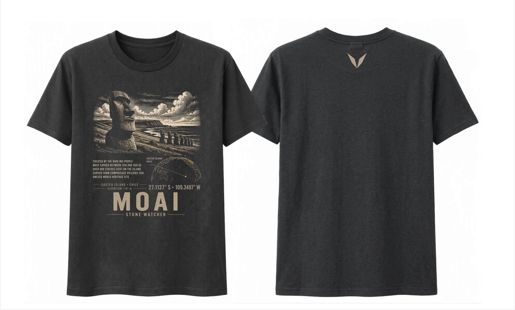 Front and back of the Coal Voltare Moai Stone Watcher tee, showing Moai statues and coastal artwork above facts, an Easter Island map, coordinates and landmark lettering, with a small sandy-beige Voltare V high on the back
