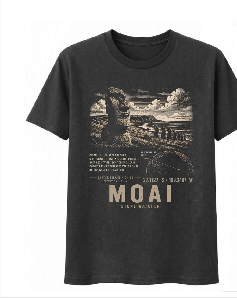 Front of the Coal Voltare Moai Stone Watcher tee, featuring Moai statues and Easter Island coastal artwork above historical facts, a location map, coordinates and Moai Stone Watcher lettering