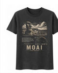 Front of the Coal Voltare Moai Stone Watcher tee, featuring Moai statues and Easter Island coastal artwork above historical facts, a location map, coordinates and Moai Stone Watcher lettering