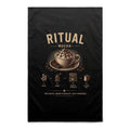 Voltare Mocha Ritual black tea towel with cream lettering, whipped cream, chocolate drizzle, coffee cup and illustrated coffee-making steps