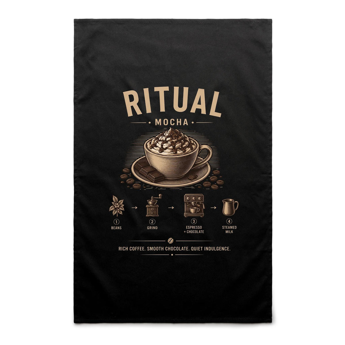 Voltare Mocha Ritual black tea towel with cream lettering, whipped cream, chocolate drizzle, coffee cup and illustrated coffee-making steps