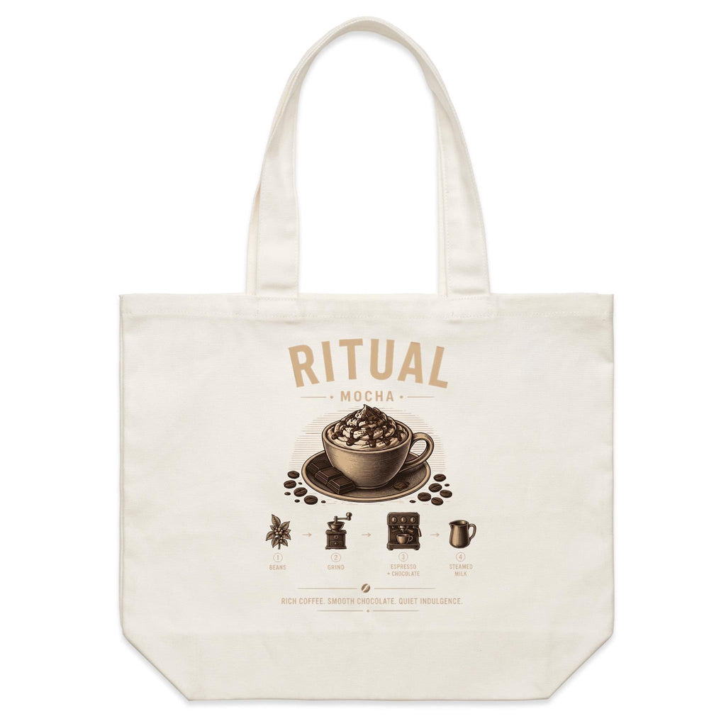 Front of Voltare Mocha Ritual natural canvas tote bag with whipped cream, chocolate drizzle and illustrated coffee-making steps