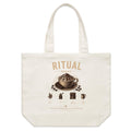 Front of Voltare Mocha Ritual natural canvas tote bag with whipped cream, chocolate drizzle and illustrated coffee-making steps