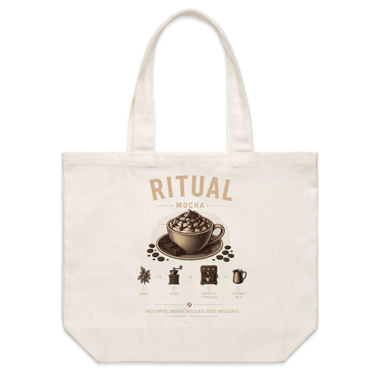 Front of Voltare Mocha Ritual natural canvas tote bag with whipped cream, chocolate drizzle and illustrated coffee-making steps