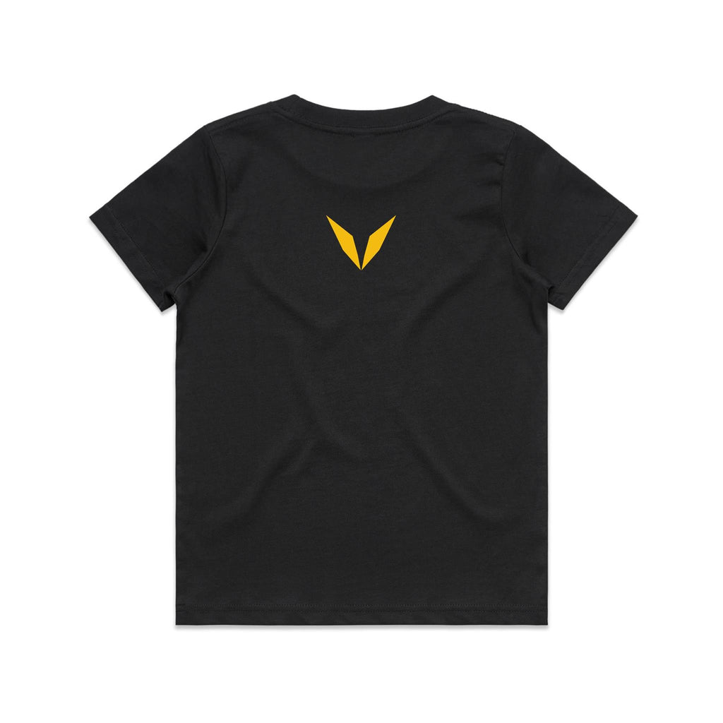 Back of the Black Voltare Money Emoji kids tee with a yellow Voltare V between the shoulder blades