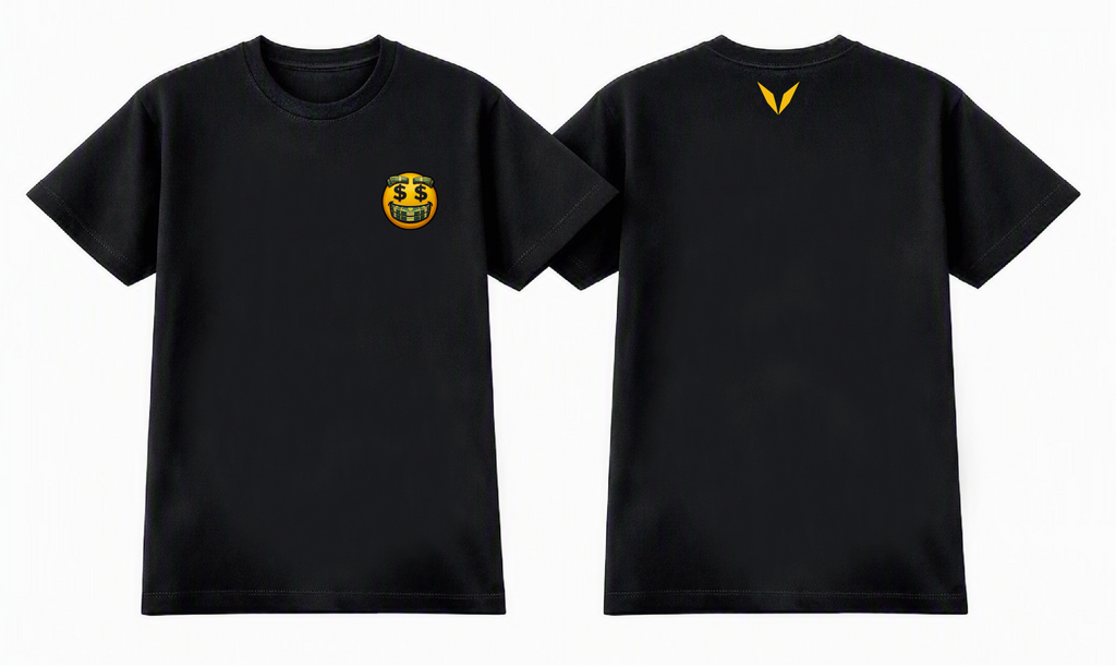 Front and back of the Black Voltare Money Emoji kids tee with a yellow money-face chest graphic and matching yellow back V