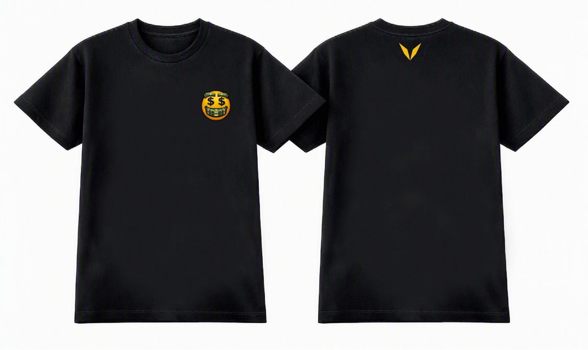 Front and back of the Black Voltare Money Emoji kids tee with a yellow money-face chest graphic and matching yellow back V
