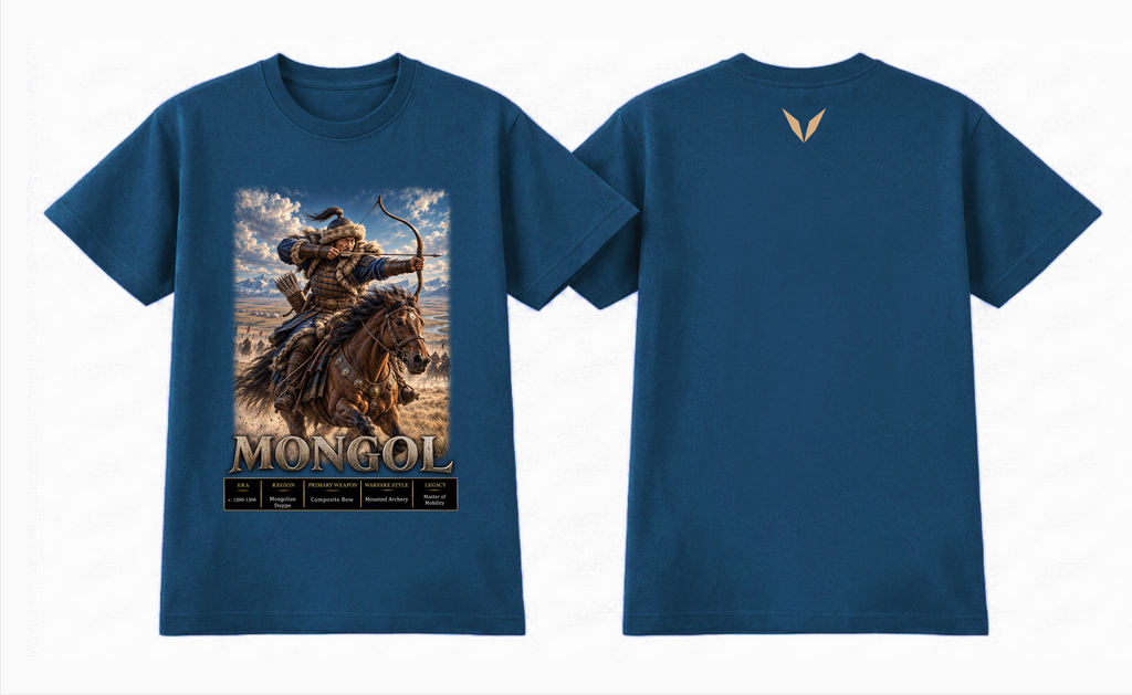 Front and back artwork preview of the Voltare Mongol tee showing mounted archer artwork and a sandy-gold Voltare V on a blue garment