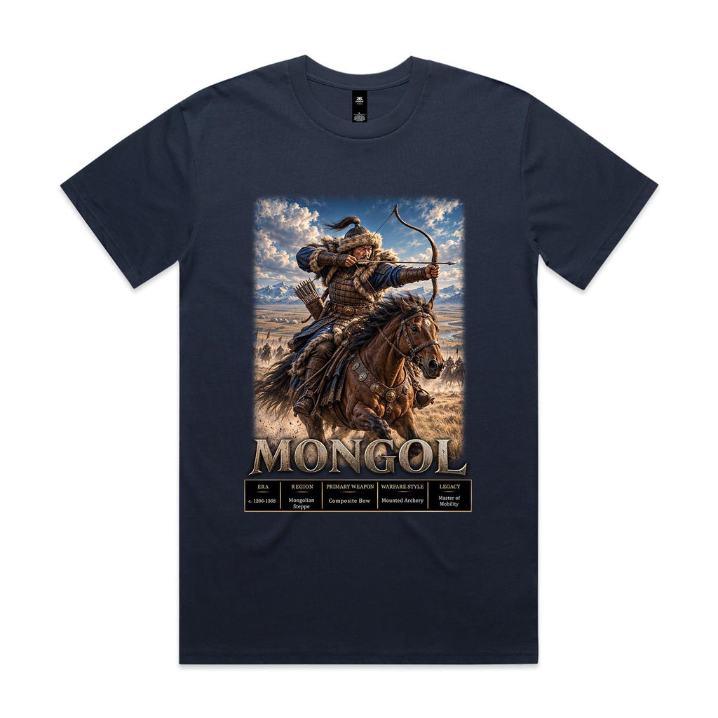 Midnight Blue Voltare Mongol tee featuring a mounted archer with a drawn bow, steppe landscape, snowy mountains and historical fact panels