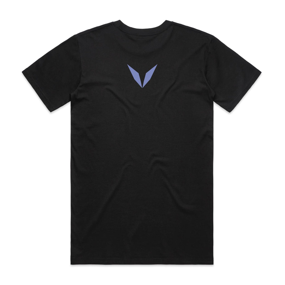 Back of Voltare Moonbow Phenomena black tee with muted lavender-blue Voltare V logo