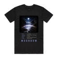 Front of Voltare Moonbow black tee with a moonlit waterfall, lunar rainbow, moonbow-facts panel and lavender-blue lettering