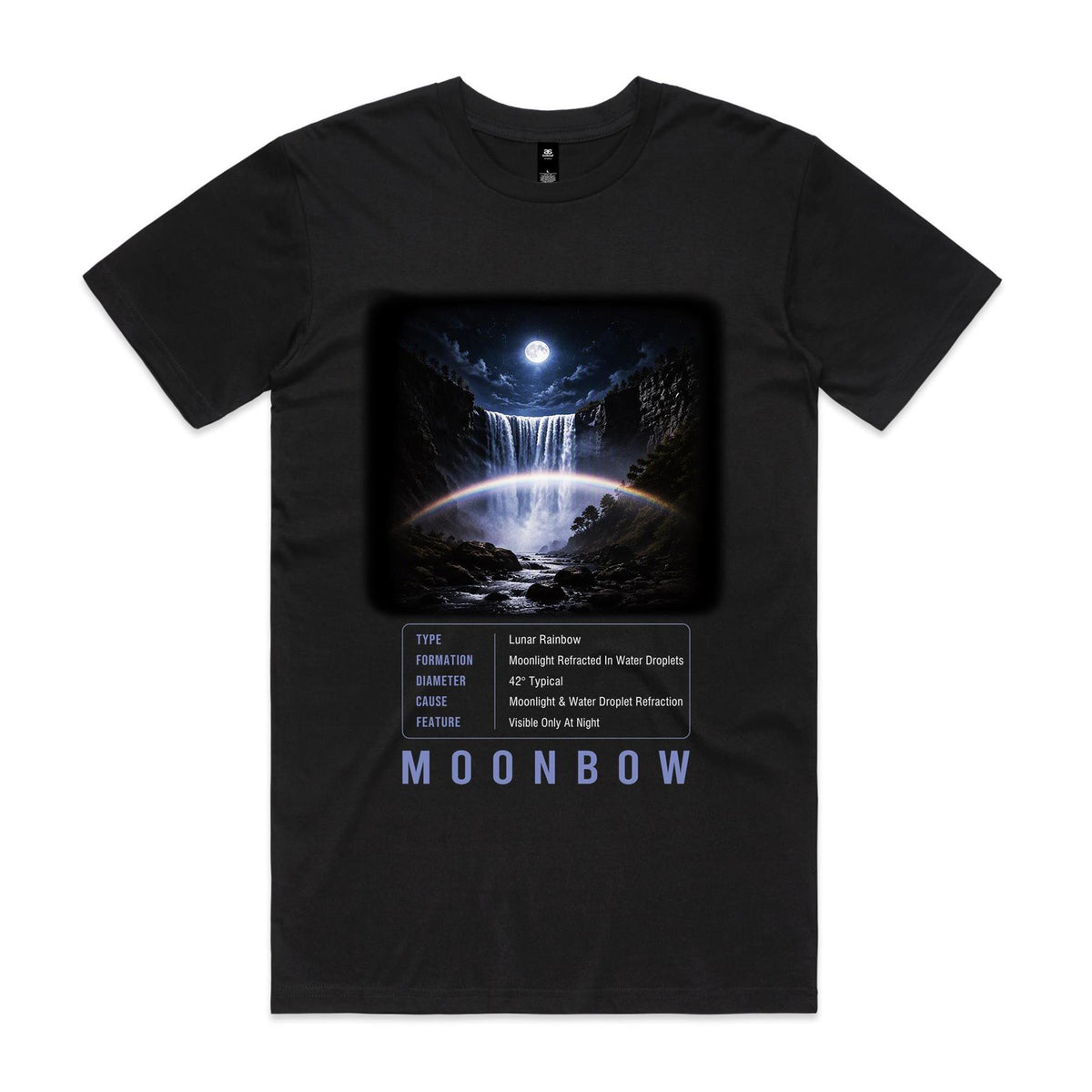 Front of Voltare Moonbow black tee with a moonlit waterfall, lunar rainbow, moonbow-facts panel and lavender-blue lettering