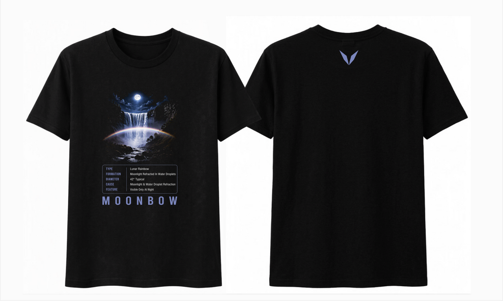 Front and back preview of Voltare Moonbow black tee with moonlit waterfall artwork, lunar rainbow, facts panel and lavender-blue Voltare V logo