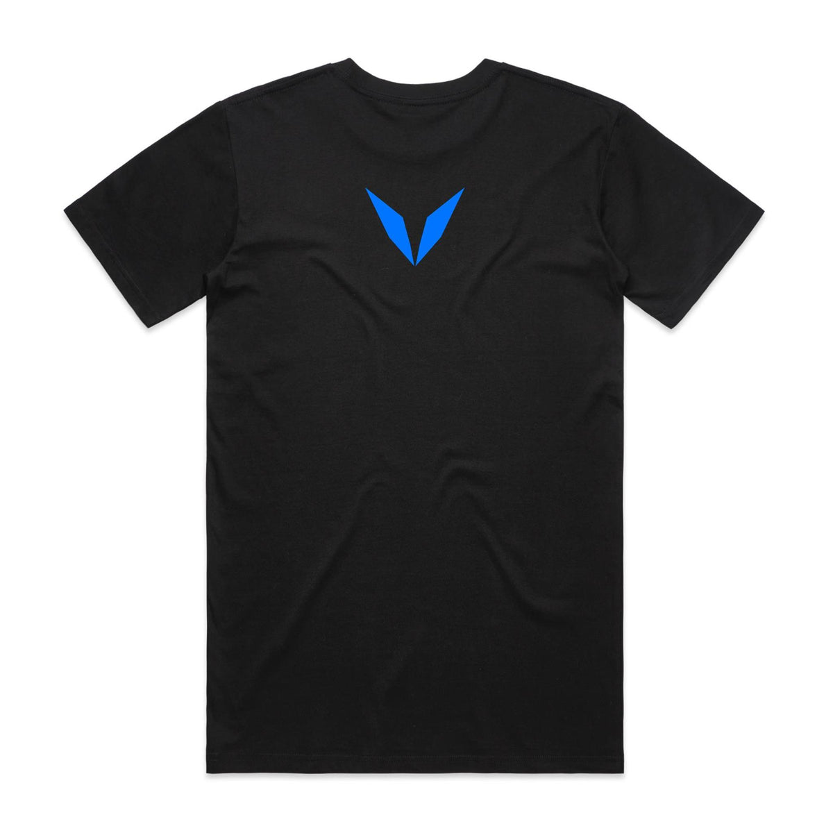 Back of Voltare Moonlight Skid Tyre Fryer black tee with bright-blue Voltare V logo