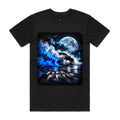 Front of Voltare Moonlight Skid black tee with performance car, blue and white tyre smoke and a full moon