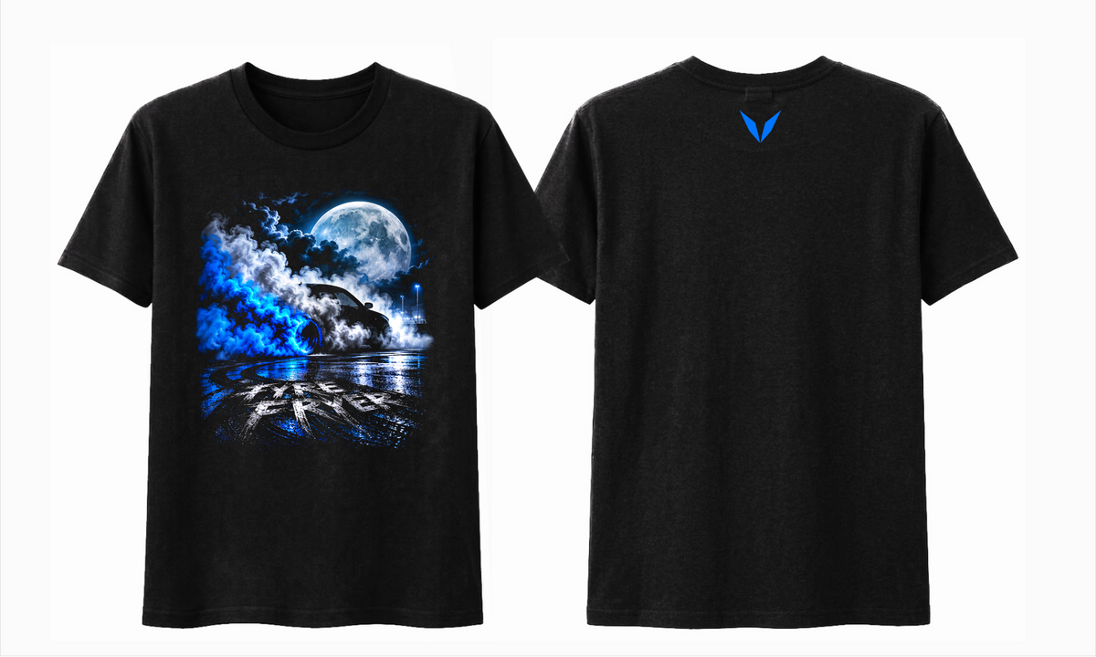 Front and back preview of Voltare Moonlight Skid black tee with moonlit car burnout artwork and bright-blue Voltare V logo