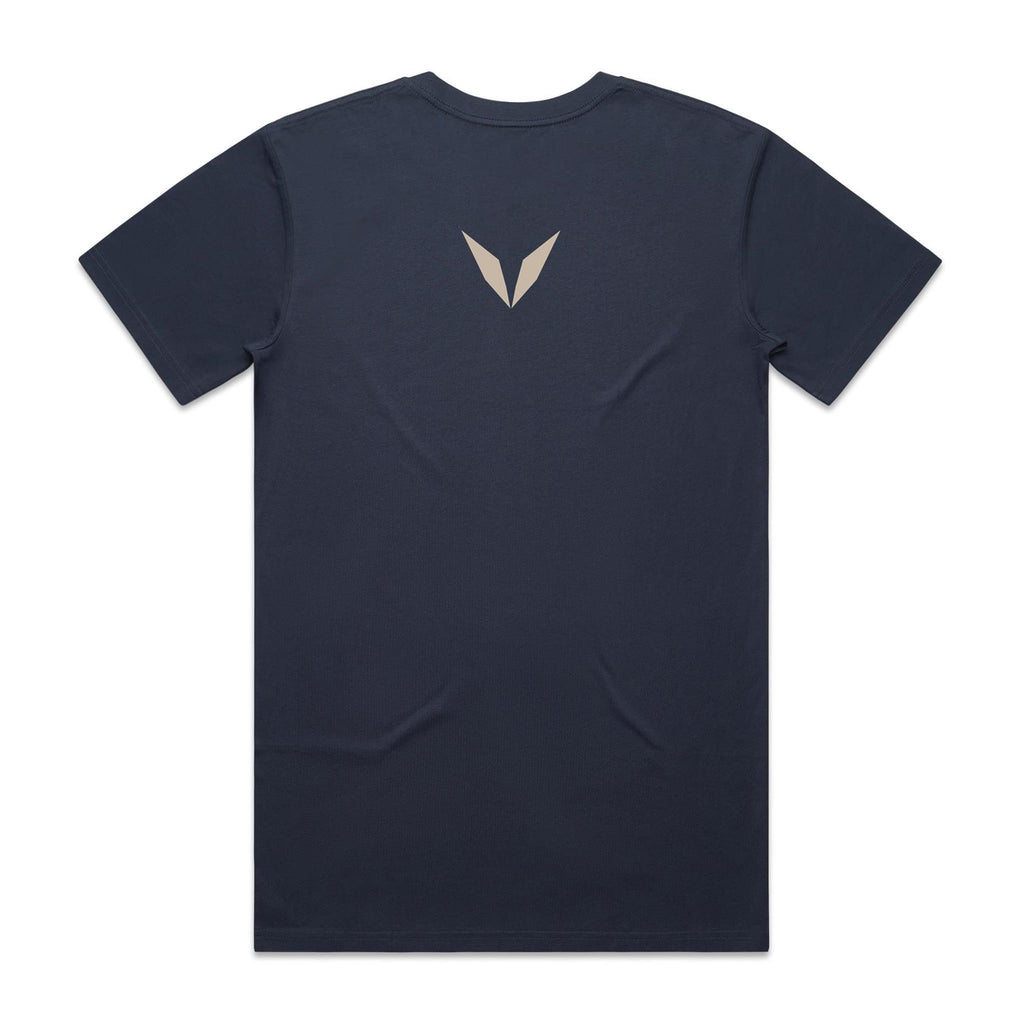 Back view of the Voltare Mount Everest Roof of the World tee in Midnight Blue with a small warm cream Voltare V high on the back