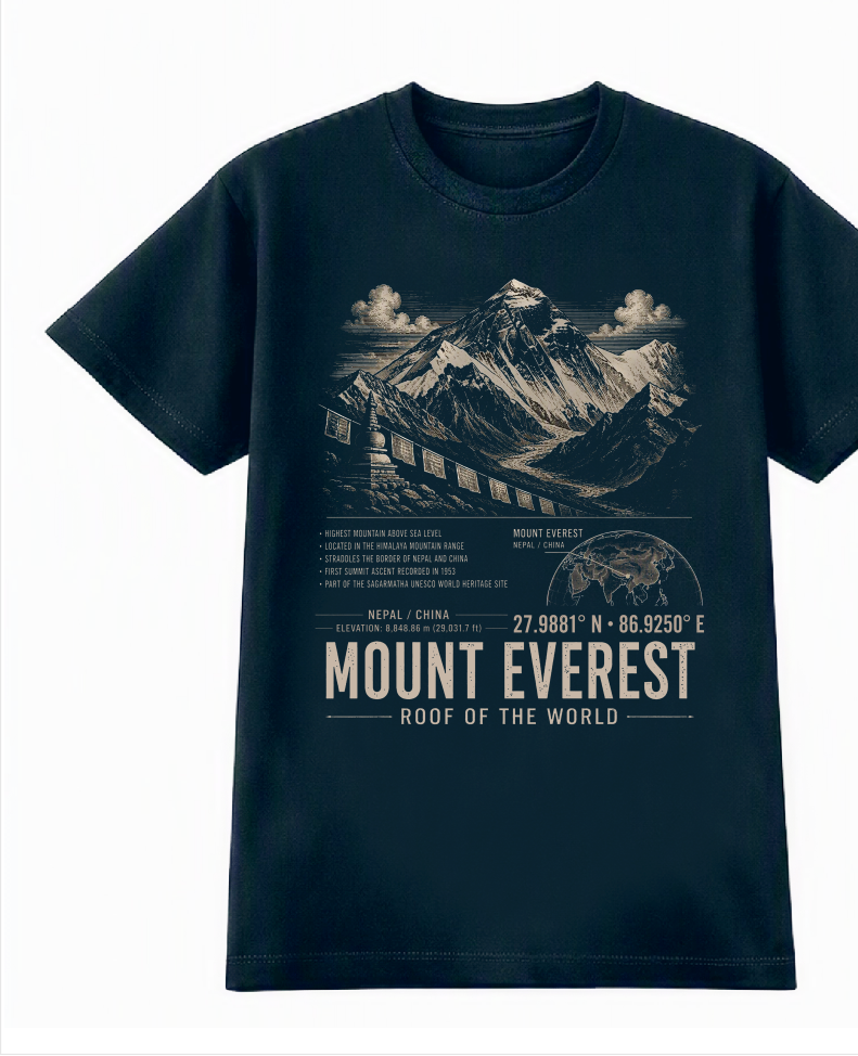 Front of the Midnight Blue Voltare Mount Everest Roof of the World tee, featuring mountain and prayer flag artwork above historical facts, a location map, coordinates and Mount Everest Roof of the World lettering